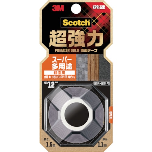 ３Ｍスコッチ　超強力両面テープ　プレミアゴールド　スーパー多用途　粗面用　１２ｍｍ×１．５ｍ　KPR-12R　389-2950