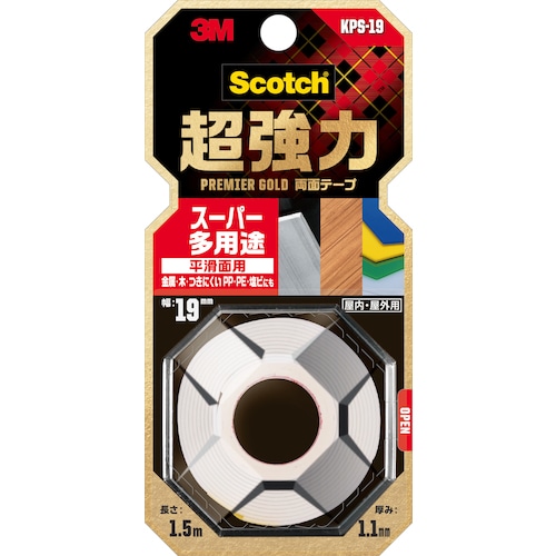 ３Ｍスコッチ　超強力両面テープ　プレミアゴールド　スーパー多用途　１９ｍｍ×１．５ｍ　KPS-19　430-7127