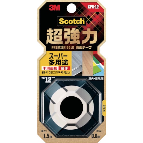 ３Ｍスコッチ　超強力両面テープ　プレミアゴールド　スーパー多用途　薄手　１２ｍｍ×１．５ｍ　KPU-12　439-0733