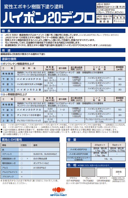 ハイポン20デクロ 5Kgセット 各色